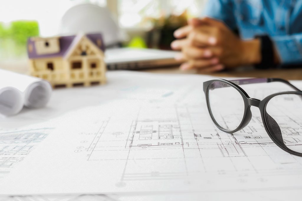 Image of engineering objects on workplace top view.Construction